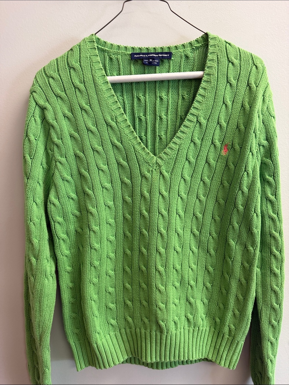 Ralph Lauren Lime Green Cable-Knit V-Neck Sweater